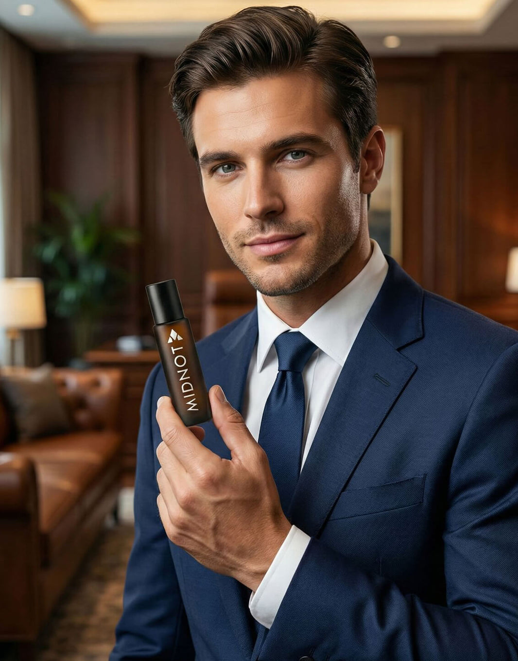 A well-dressed man in a blue suit holding a Midnot non-alcoholic perfume oil roll-on bottle from the men's fragrance collection