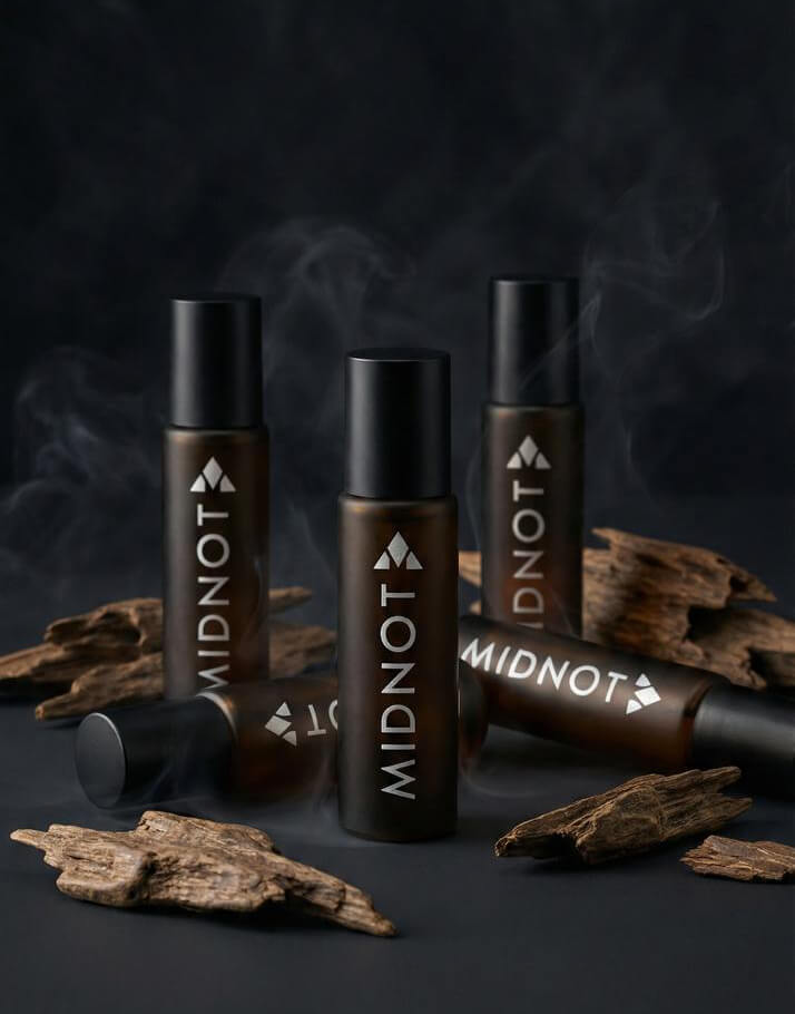 A luxury arrangement of Midnot Oud perfume oil roll-on bottles surrounded by natural agarwood pieces and subtle smoke, representing the premium alcohol-free Oud collection