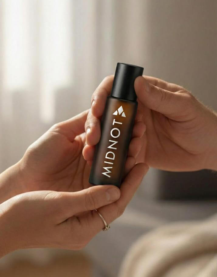 Two hands, one masculine and one feminine, holding a Midnot non-alcoholic perfume oil roll-on bottle to represent the unisex fragrance collection
