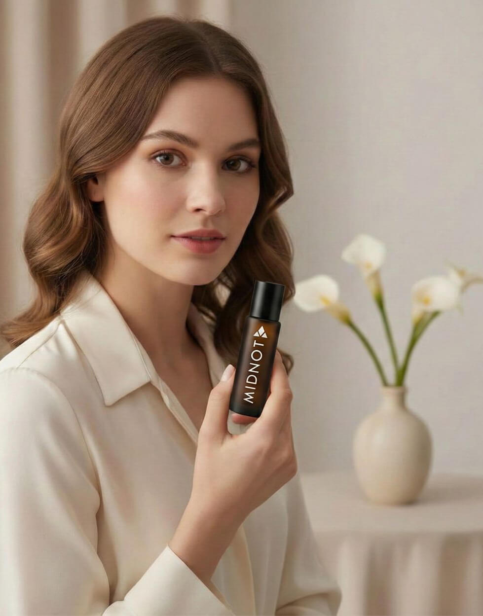 A woman holding a Midnot non-alcoholic perfume oil roll-on bottle, featuring a elegant floral backdrop for the Midnot women's fragrance collection